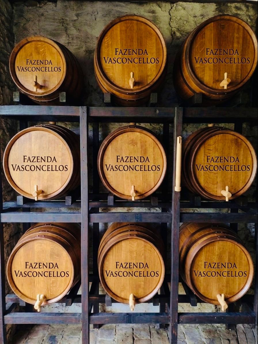 Barris de carvalho marcados Fazenda Vasconcellos em prateleiras de madeira