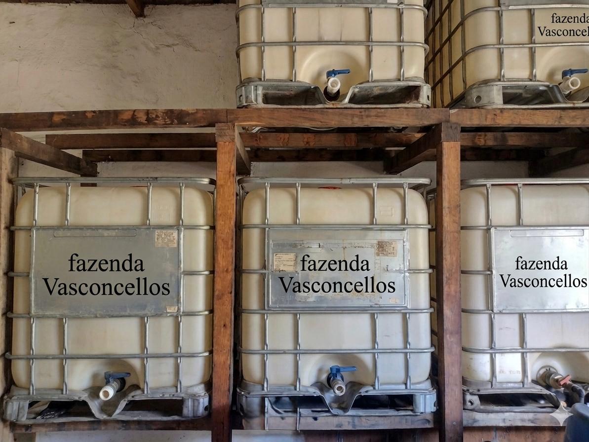Dornas identificadas com o nome Fazenda Vasconcellos empilhadas em estrutura de madeira