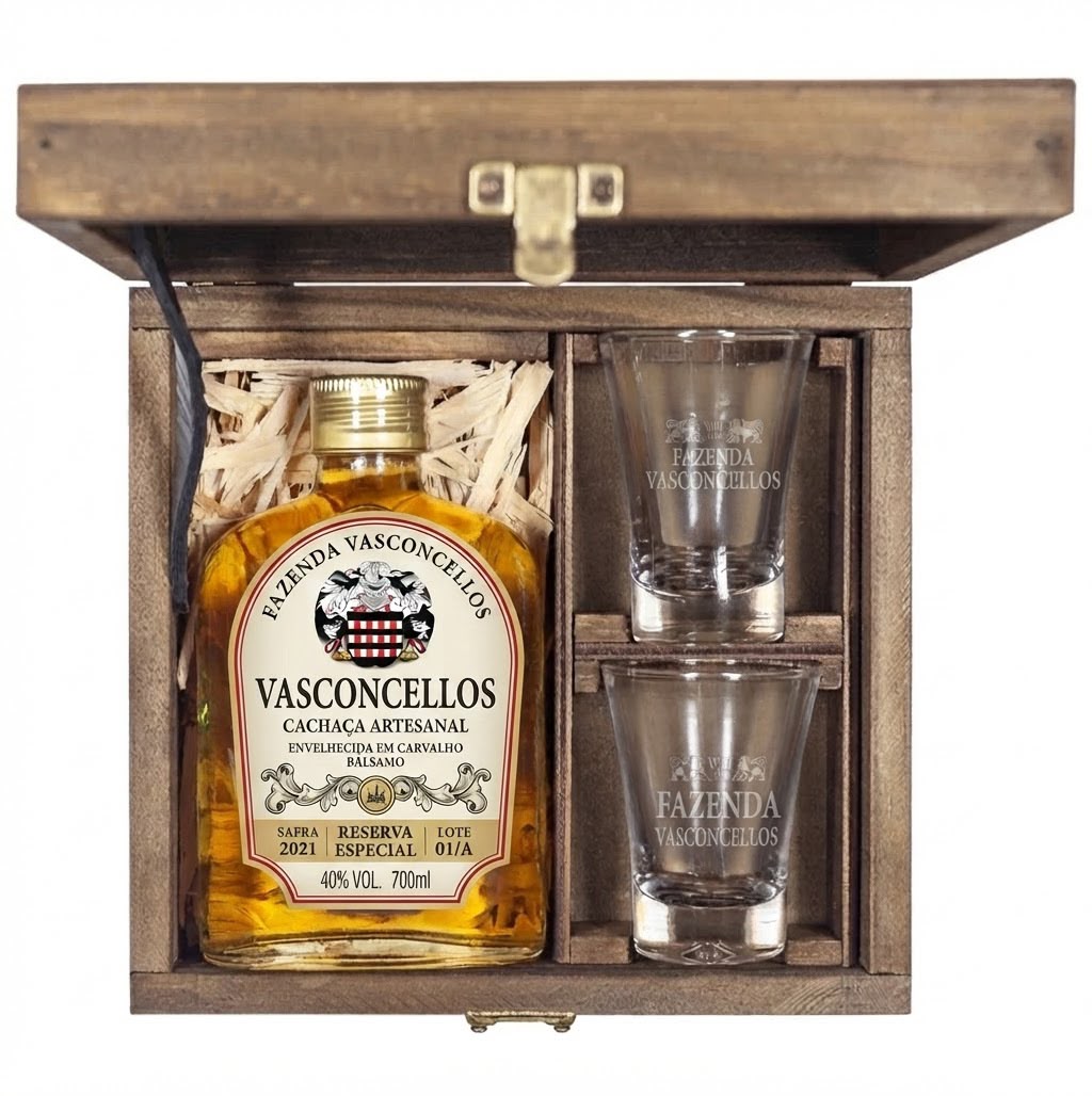 Kit presente da Cachaça Premium Fazenda Vasconcellos com garrafa e dois copos em caixa de madeira