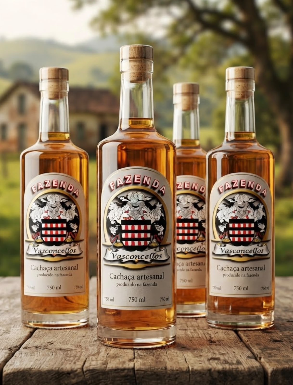 Garrafas de cachaça artesanal Fazenda Vasconcellos sobre mesa de madeira